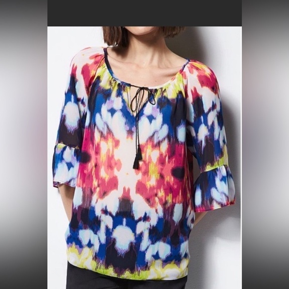 Milly for Design Nation Peasant Top Tie Dye Sheer Tassel Tie Ruffle Sleeves XS - Picture 11 of 11